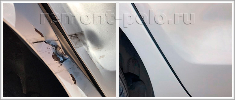Ремонт глубокой вмятины на двери и крыле VW Polo седан