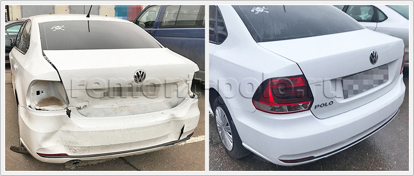 Кузовной ремонт VW Polo седан с многочисленными повреждениями спереди и сзади