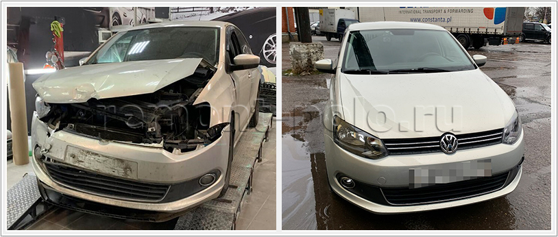 Ремонт VW Polo седан с серьезными повреждениями передней части кузова